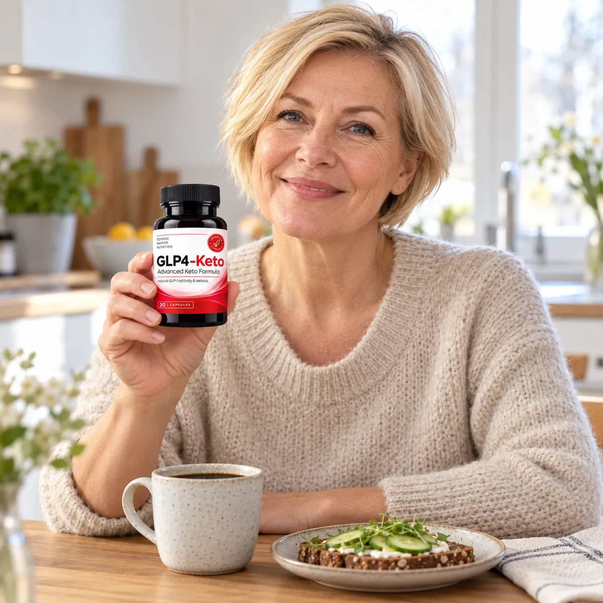 Nainen pitää GLP4-Keto-pulloa kädessään aamiaisella
